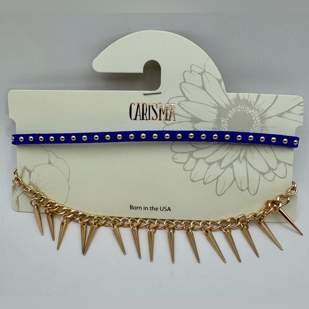 Carisma Gold Tone Spike + Blue Suede & Gold Stud Choker 2 Piece Necklace Set